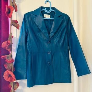 Vintage 1990’s Gorgeous Peacock Blue Leather Blazer Jacket Size Small Y2K
